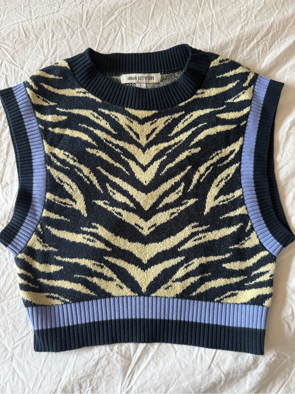 Urban Outfitters Black & Cream Zebra Knit Sleeveless Sweater with Lavender Trim